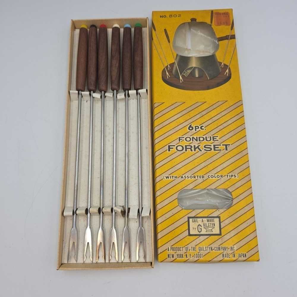 Vintage Fondue Fork Set 6 Piece Stainless Steel Color Coded Wood Handles Japan